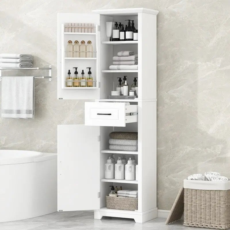 Meuble Colonne de Rangement de Salle de Bain, Meuble de Rangement sur Pied avec Deux Portes et Étagères Réglables, Porte-Serviettes Intégré