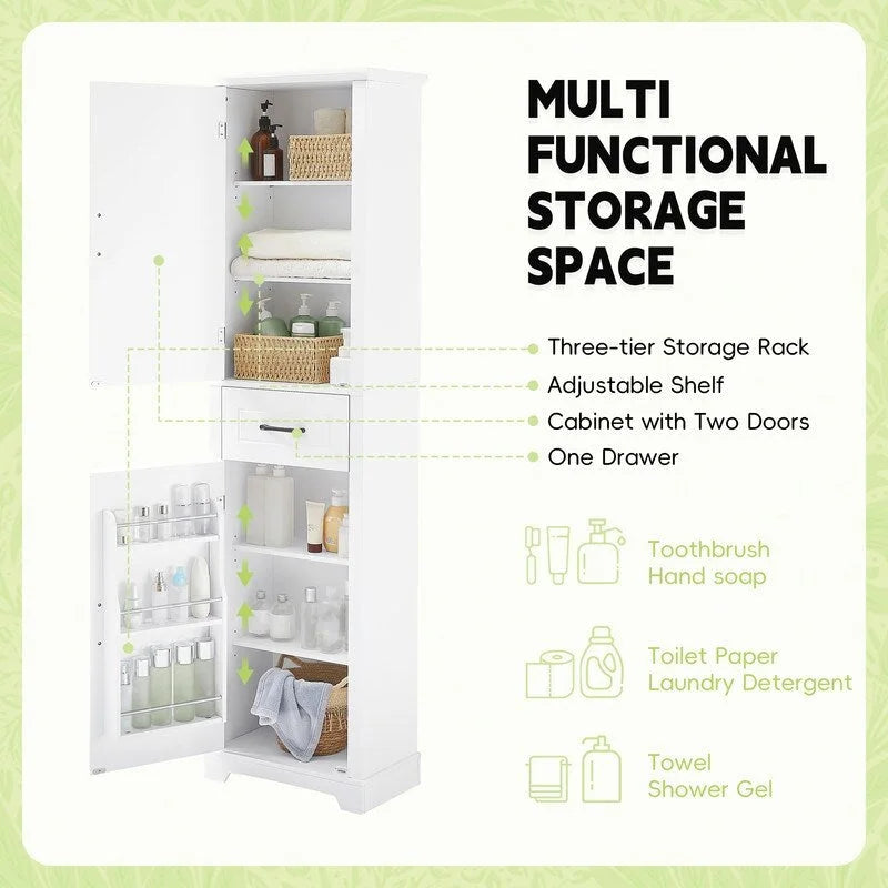 Meuble Colonne de Rangement de Salle de Bain, Meuble de Rangement sur Pied avec Deux Portes et Étagères Réglables, Porte-Serviettes Intégré