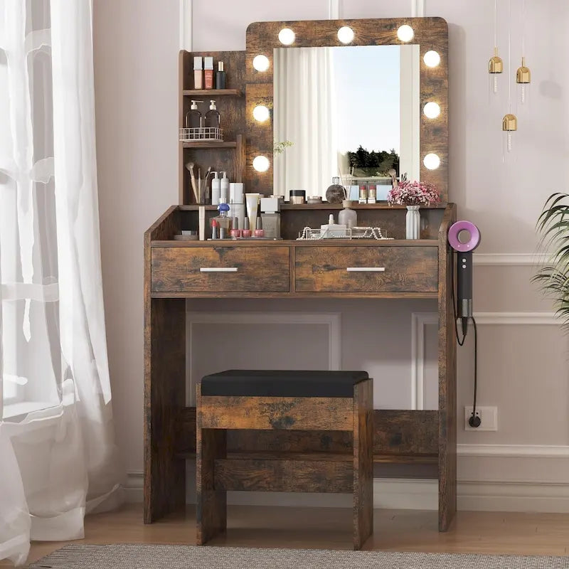 Coiffeuse avec miroir et lumières, coiffeuse de maquillage avec prise de courant et tabouret rembourré