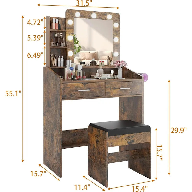 Coiffeuse avec miroir et lumières, coiffeuse de maquillage avec prise de courant et tabouret rembourré