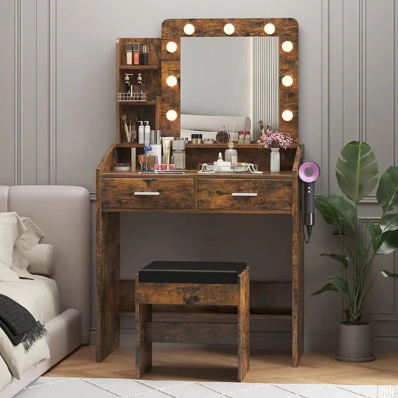 Coiffeuse avec miroir et lumières, coiffeuse de maquillage avec prise de courant et tabouret rembourré