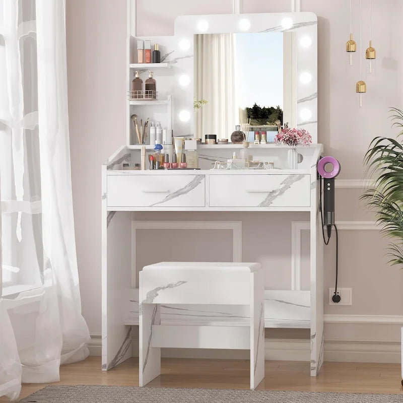 Coiffeuse avec miroir et lumières, coiffeuse de maquillage avec prise de courant et tabouret rembourré