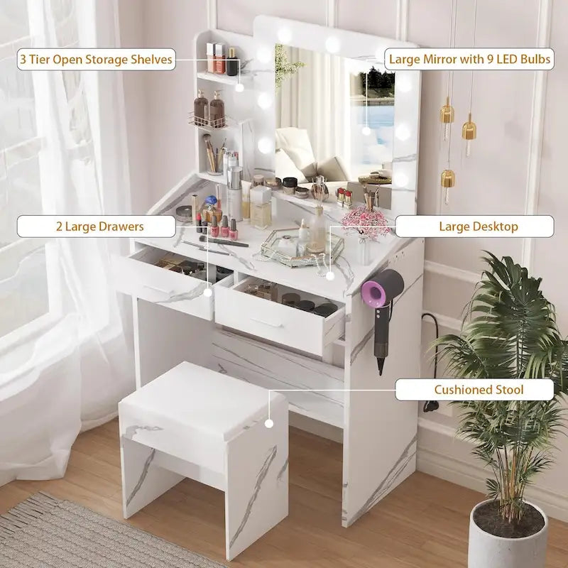 Coiffeuse avec miroir et lumières, coiffeuse de maquillage avec prise de courant et tabouret rembourré