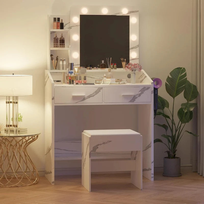 Coiffeuse avec miroir et lumières, coiffeuse de maquillage avec prise de courant et tabouret rembourré