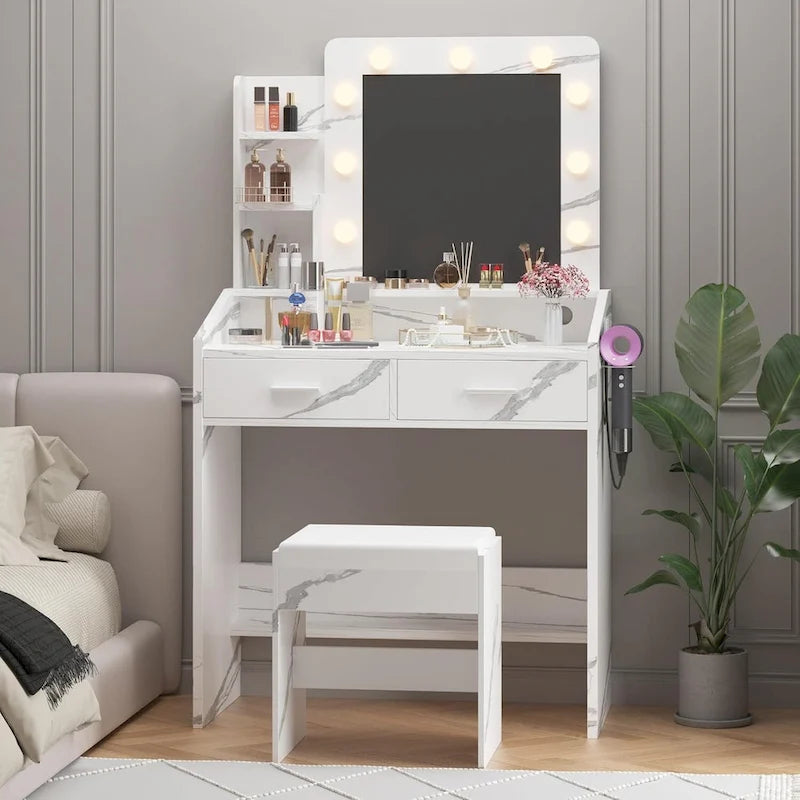Coiffeuse avec miroir et lumières, coiffeuse de maquillage avec prise de courant et tabouret rembourré