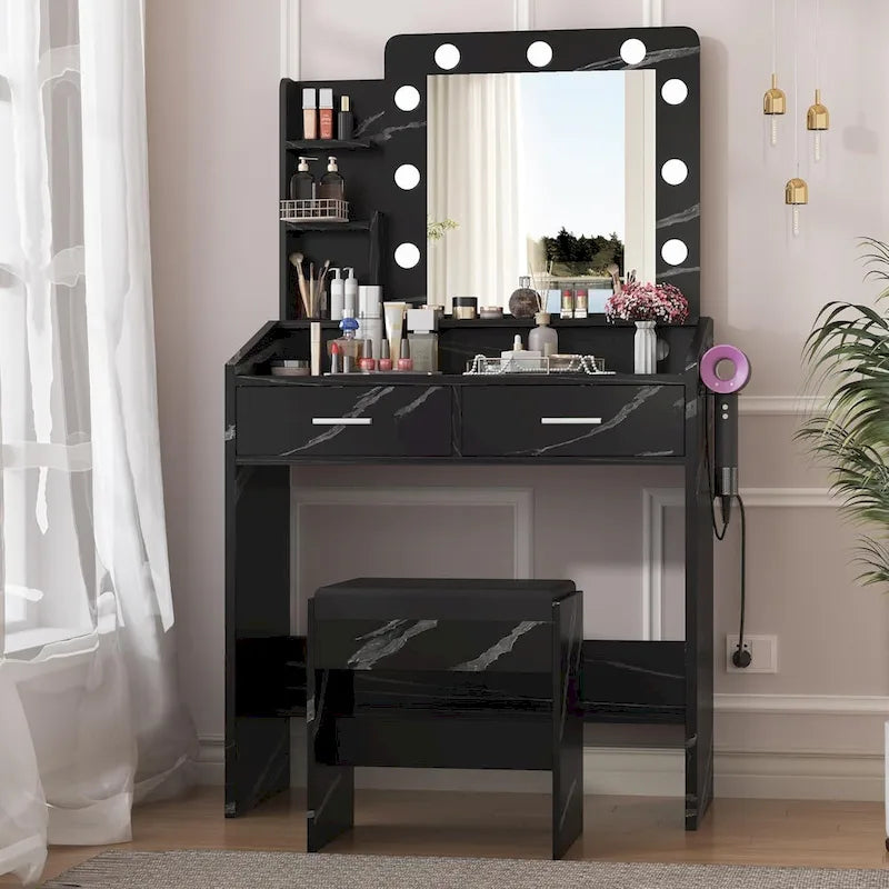 Coiffeuse avec miroir et lumières, coiffeuse de maquillage avec prise de courant et tabouret rembourré