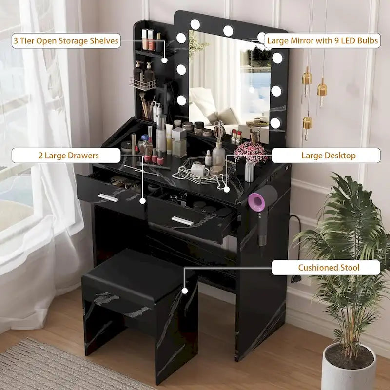 Coiffeuse avec miroir et lumières, coiffeuse de maquillage avec prise de courant et tabouret rembourré
