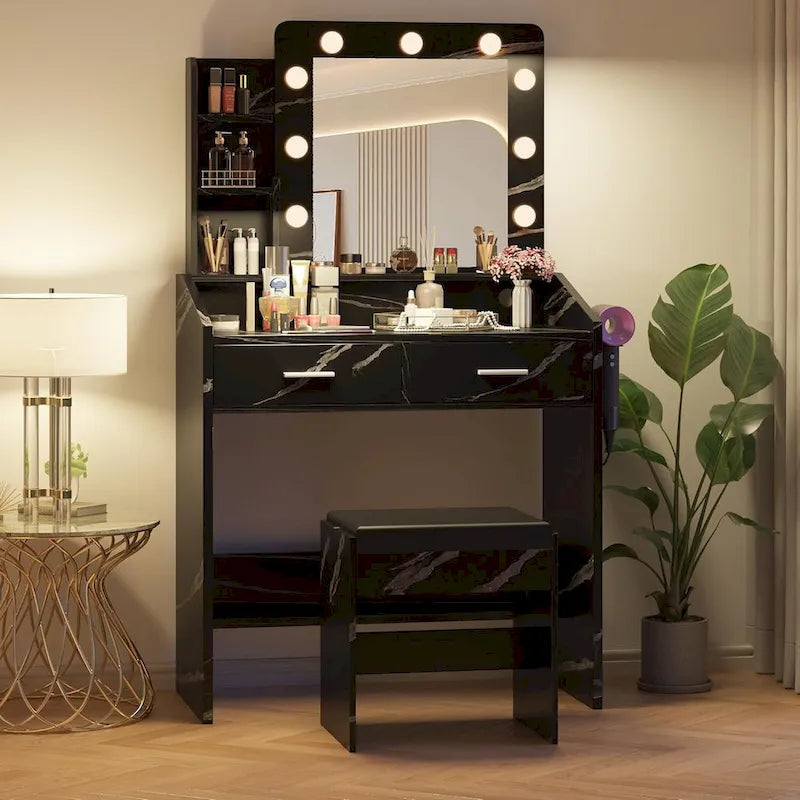Coiffeuse avec miroir et lumières, coiffeuse de maquillage avec prise de courant et tabouret rembourré