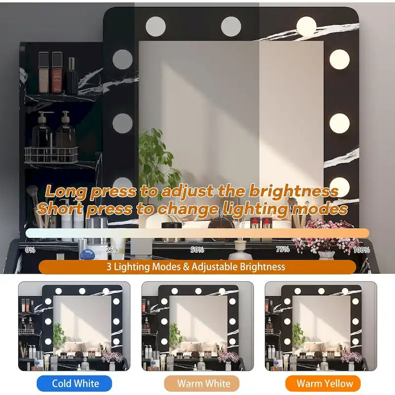Coiffeuse avec miroir et lumières, coiffeuse de maquillage avec prise de courant et tabouret rembourré
