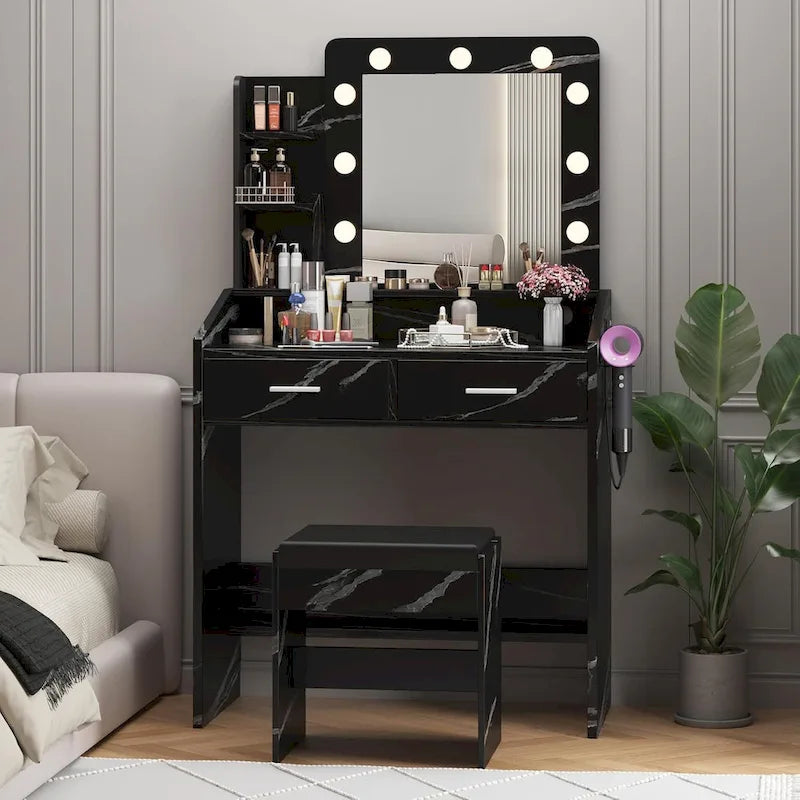 Coiffeuse avec miroir et lumières, coiffeuse de maquillage avec prise de courant et tabouret rembourré