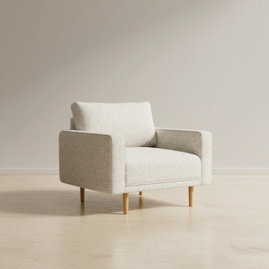 Remy Accent Chair, Bench Seat w Track Arms, Plush Off White Boucle