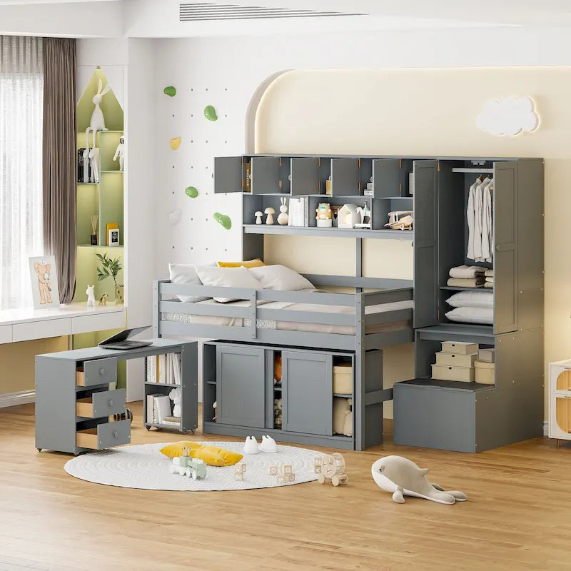 Lit mezzanine en bois pleine grandeur grand rangement avec bureau sous le lit, avec tiroirs, avec étagères, blanc