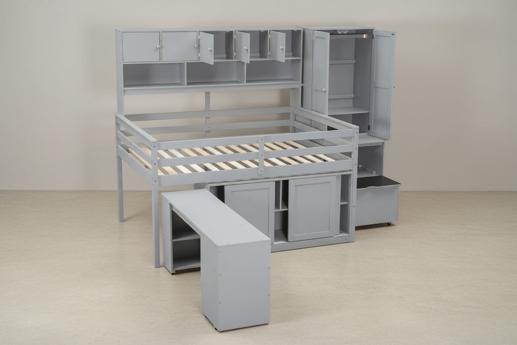 Lit mezzanine en bois pleine grandeur grand rangement avec bureau sous le lit, avec tiroirs, avec étagères, blanc