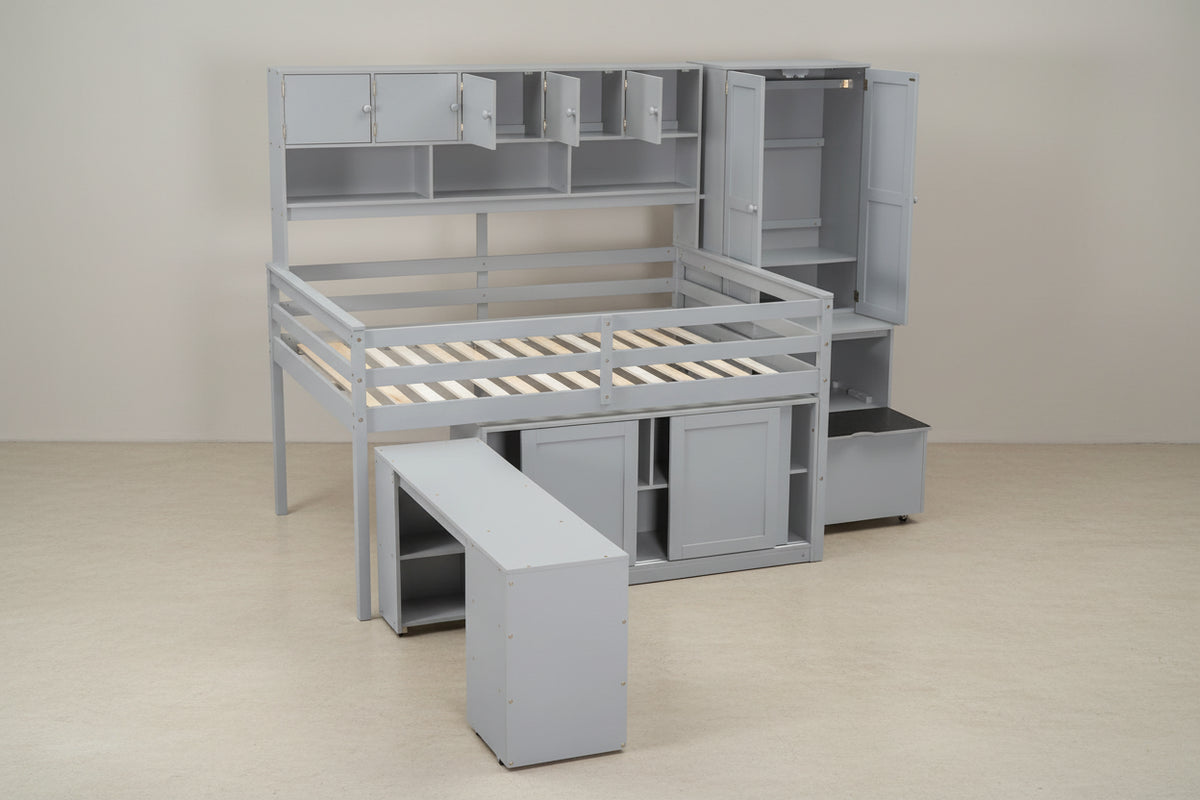 Lit mezzanine en bois pleine grandeur grand rangement avec bureau sous le lit, avec tiroirs, avec étagères, blanc