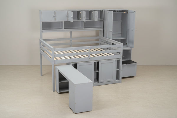 Full Size Wooden Loft Bed Big Storage with Under-Bed Desk, with Drawers, with Shelves, White