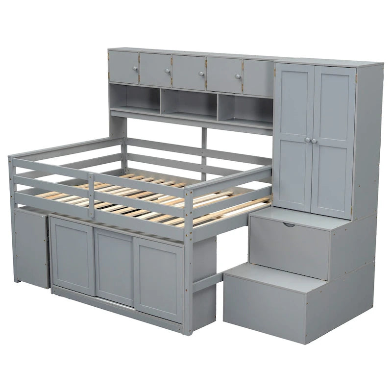 Lit mezzanine en bois pleine grandeur grand rangement avec bureau sous le lit, avec tiroirs, avec étagères, blanc