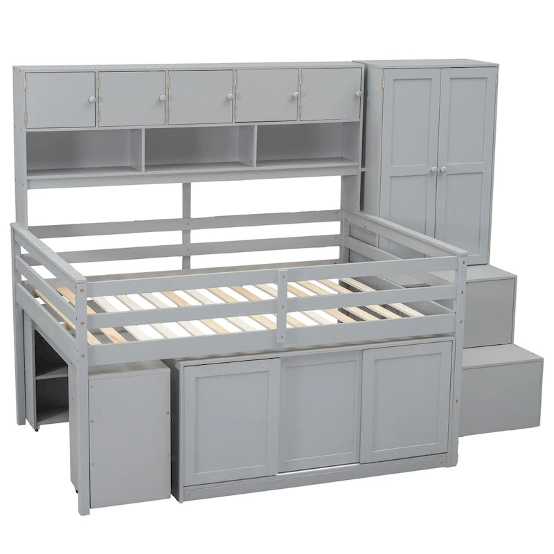 Lit mezzanine en bois pleine grandeur grand rangement avec bureau sous le lit, avec tiroirs, avec étagères, blanc