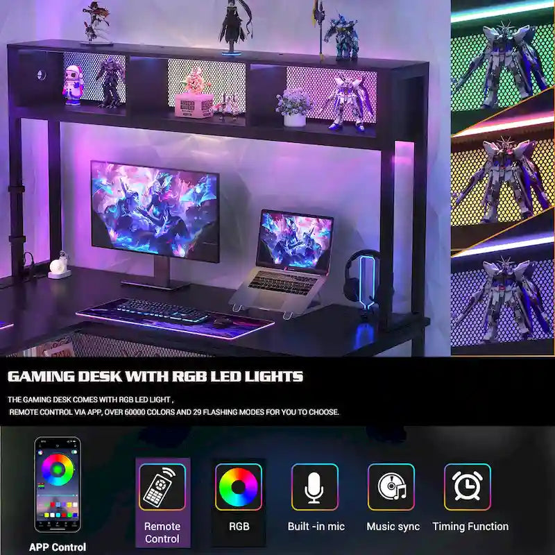 Bureau d'ordinateur d'angle réversible avec étagères de rangement, bande LED et prises électriques, table de jeu