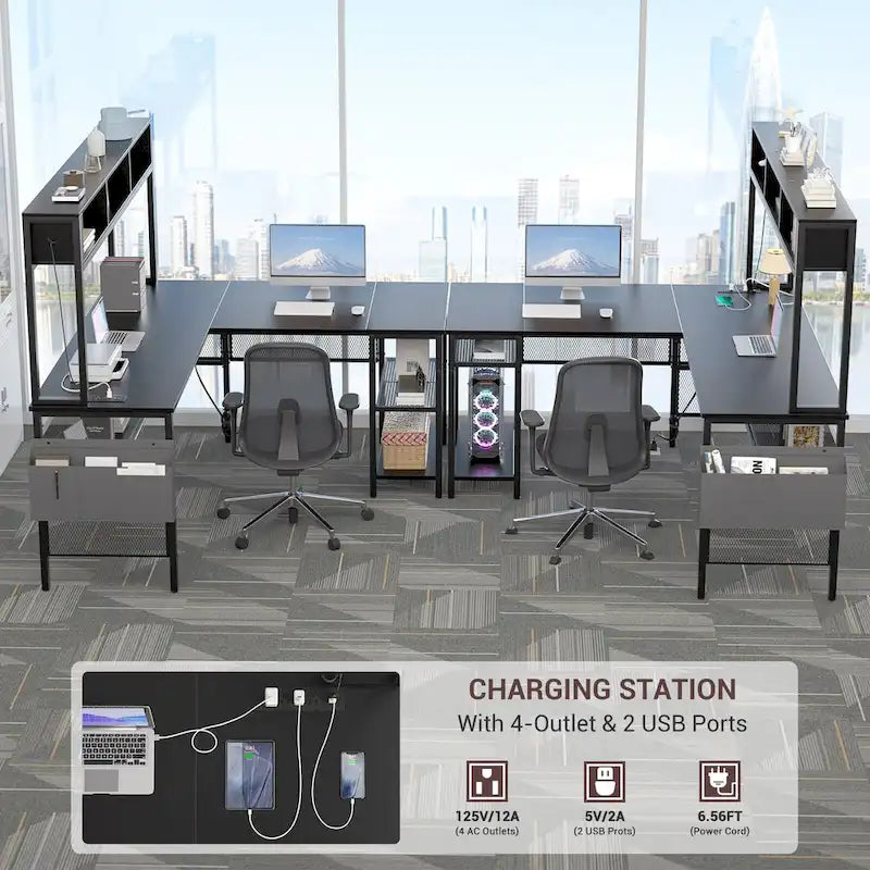 Bureau d'ordinateur d'angle réversible avec étagères de rangement, bande LED et prises électriques, table de jeu