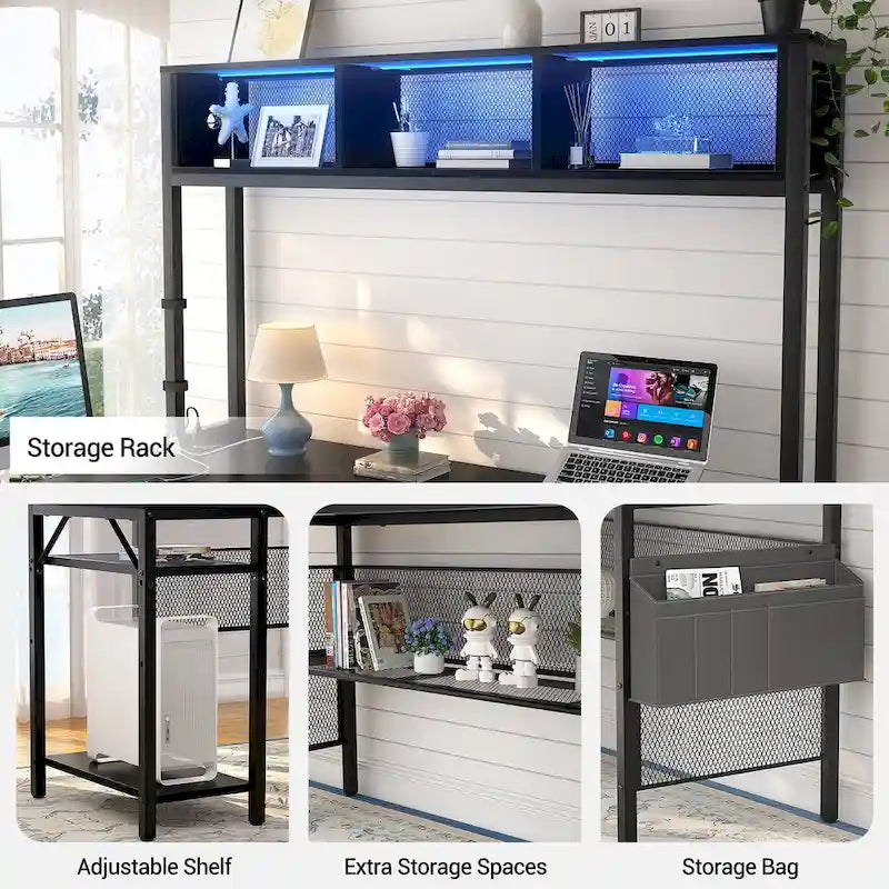 Bureau d'ordinateur d'angle réversible avec étagères de rangement, bande LED et prises électriques, table de jeu