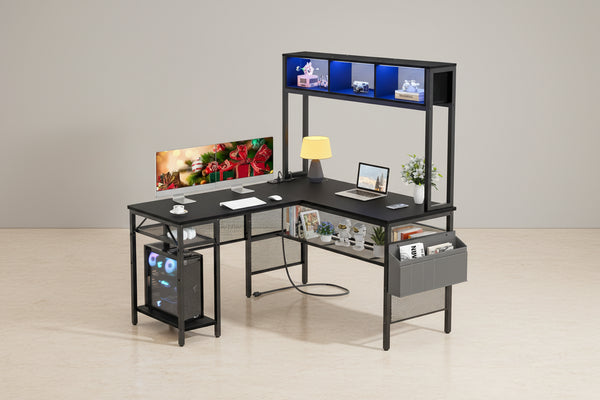 Reversible L-shaped Computer Desk with Storage Shelves and LED Strip and Power Outlets,Corner Desk Gaming Table
