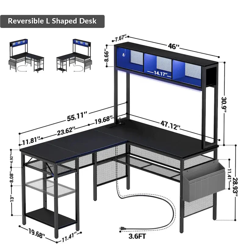 Bureau d'ordinateur d'angle réversible avec étagères de rangement, bande LED et prises électriques, table de jeu
