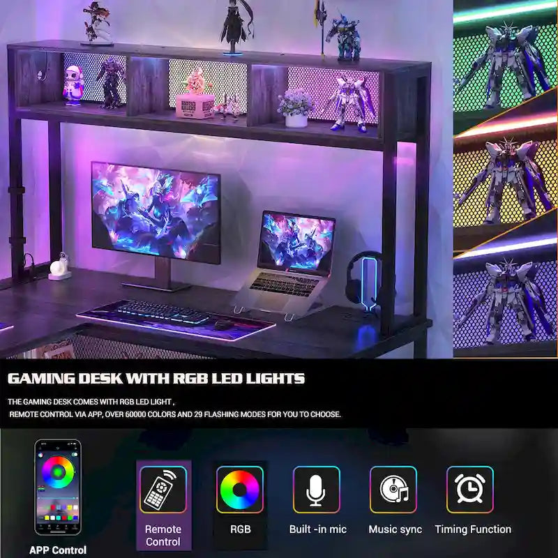 Bureau d'ordinateur d'angle réversible avec étagères de rangement, bande LED et prises électriques, table de jeu