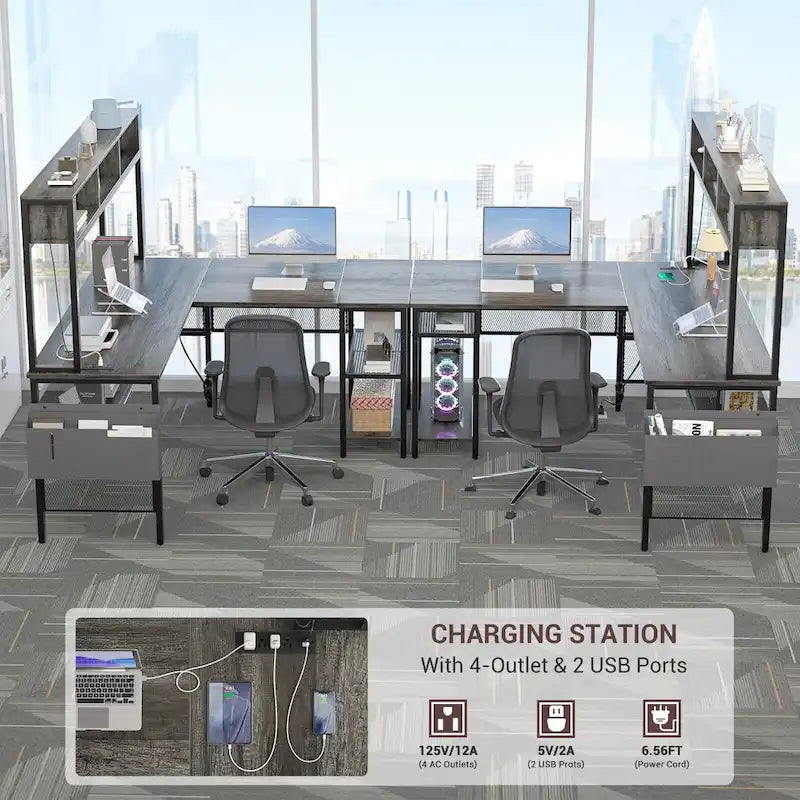 Bureau d'ordinateur d'angle réversible avec étagères de rangement, bande LED et prises électriques, table de jeu