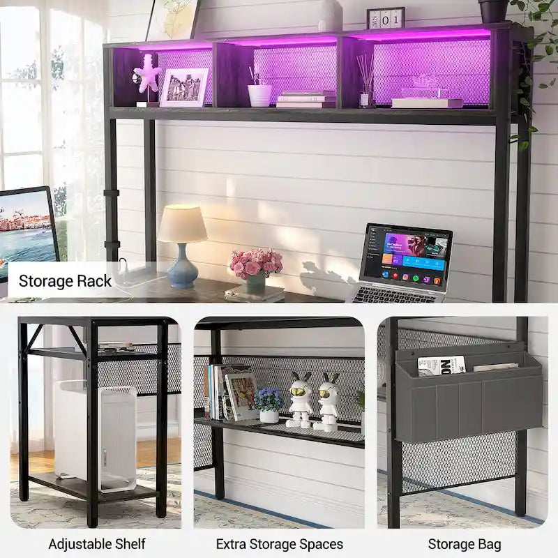 Bureau d'ordinateur d'angle réversible avec étagères de rangement, bande LED et prises électriques, table de jeu