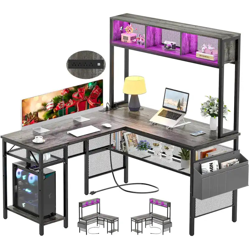 Bureau d'ordinateur d'angle réversible avec étagères de rangement, bande LED et prises électriques, table de jeu