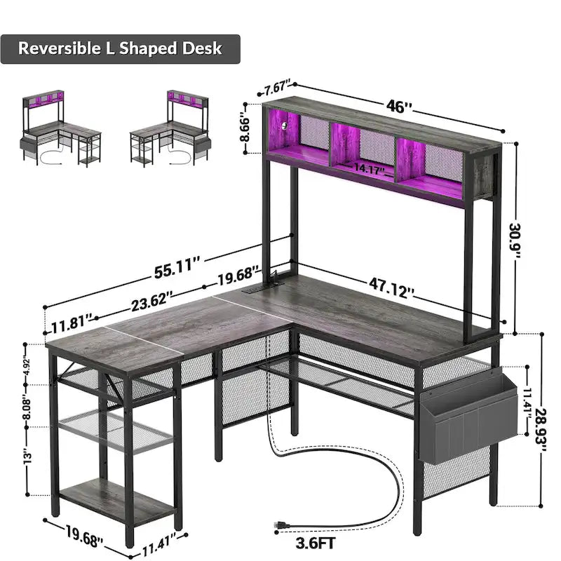 Bureau d'ordinateur d'angle réversible avec étagères de rangement, bande LED et prises électriques, table de jeu