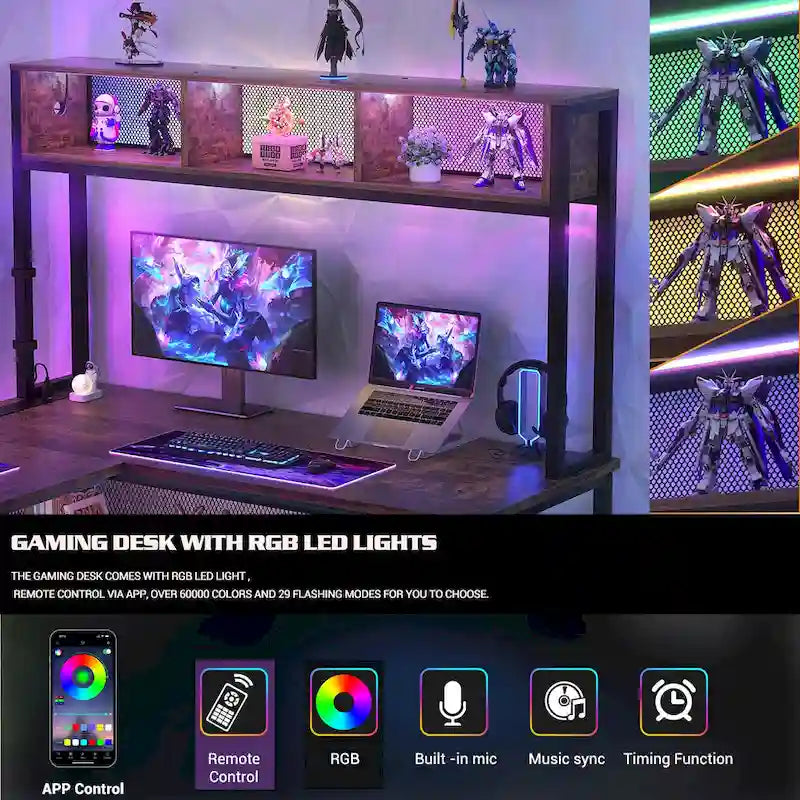 Bureau d'ordinateur d'angle réversible avec étagères de rangement, bande LED et prises électriques, table de jeu