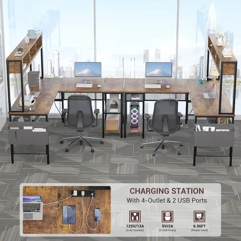Bureau d'ordinateur d'angle réversible avec étagères de rangement, bande LED et prises électriques, table de jeu