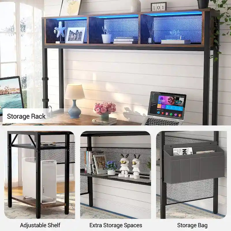 Bureau d'ordinateur d'angle réversible avec étagères de rangement, bande LED et prises électriques, table de jeu