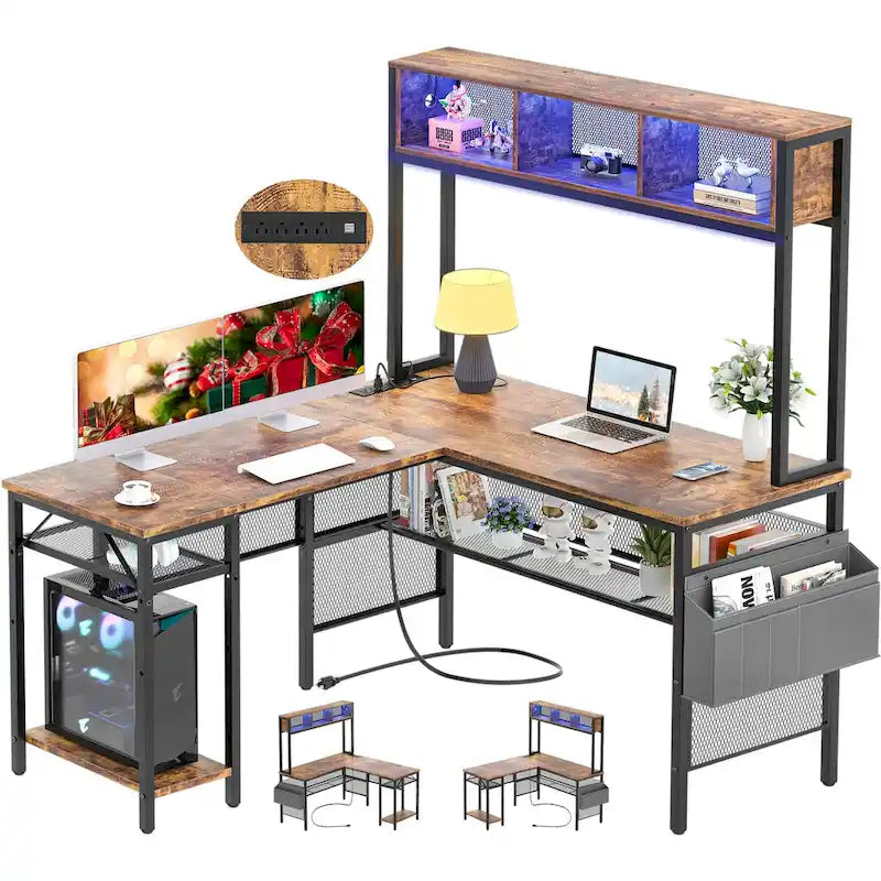 Bureau d'ordinateur d'angle réversible avec étagères de rangement, bande LED et prises électriques, table de jeu