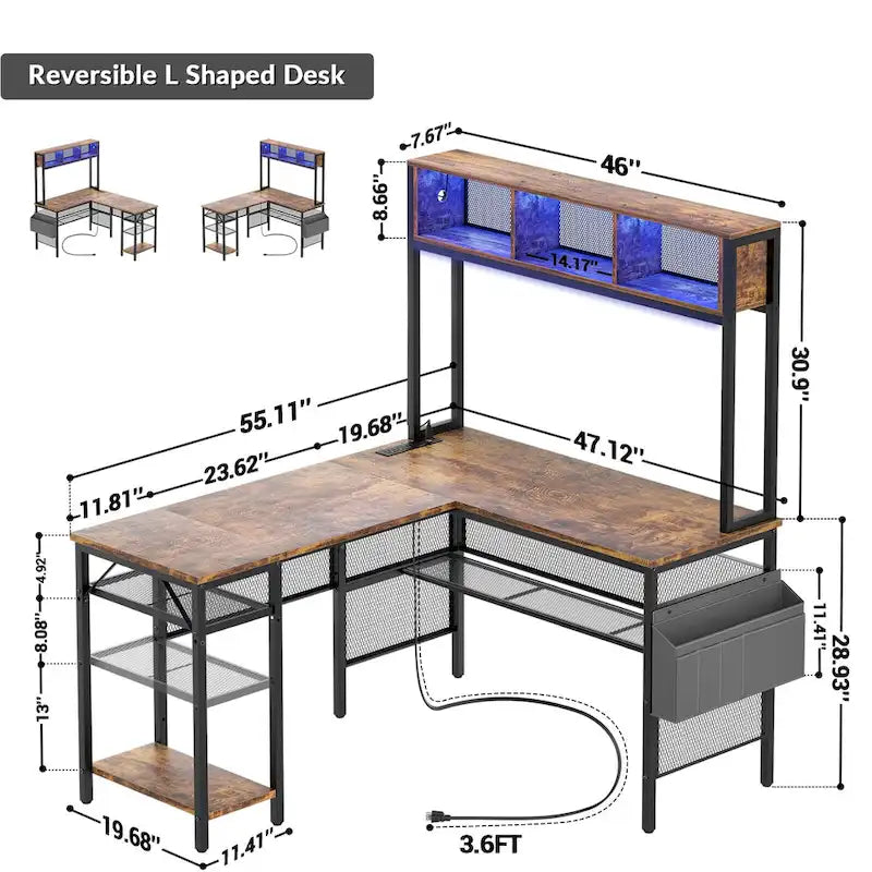 Bureau d'ordinateur d'angle réversible avec étagères de rangement, bande LED et prises électriques, table de jeu