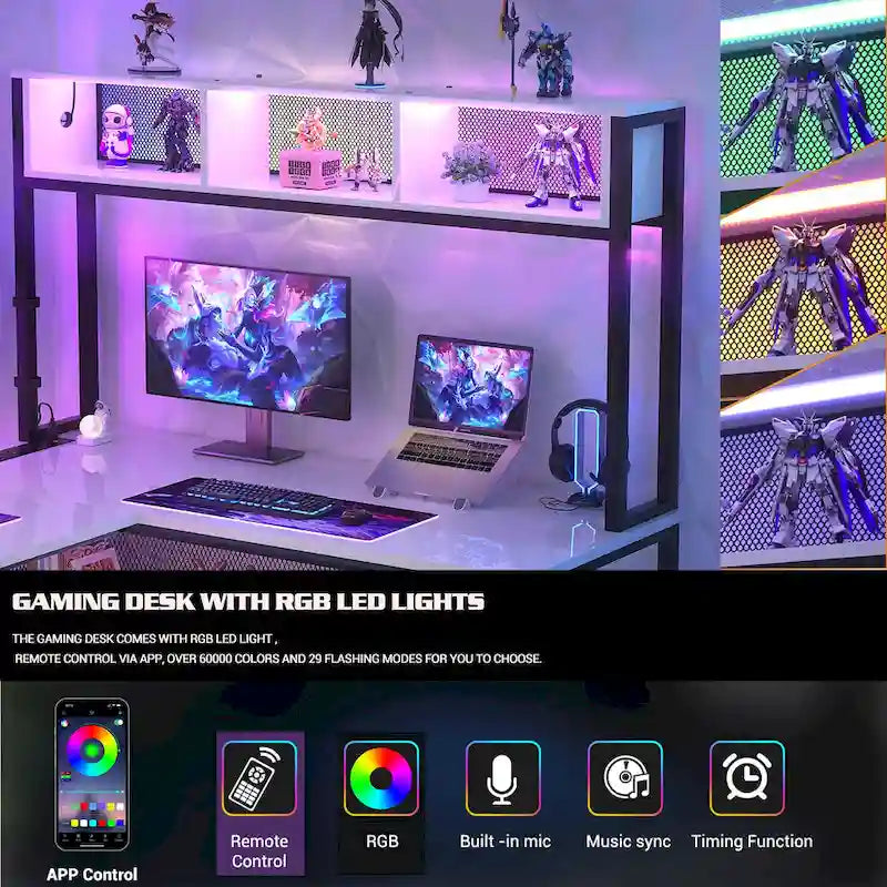 Bureau d'ordinateur d'angle réversible avec étagères de rangement, bande LED et prises électriques, table de jeu