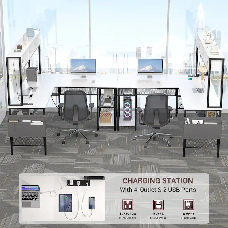 Bureau d'ordinateur d'angle réversible avec étagères de rangement, bande LED et prises électriques, table de jeu