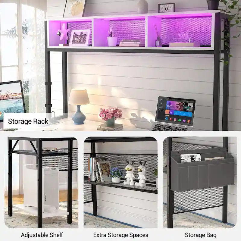 Bureau d'ordinateur d'angle réversible avec étagères de rangement, bande LED et prises électriques, table de jeu