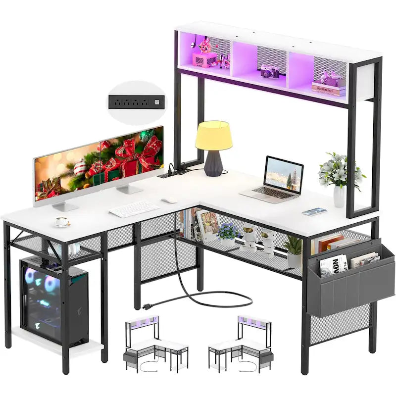 Bureau d'ordinateur d'angle réversible avec étagères de rangement, bande LED et prises électriques, table de jeu