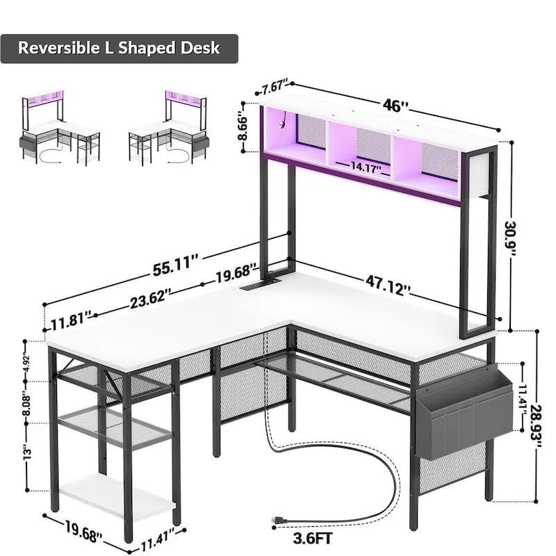Bureau d'ordinateur d'angle réversible avec étagères de rangement, bande LED et prises électriques, table de jeu