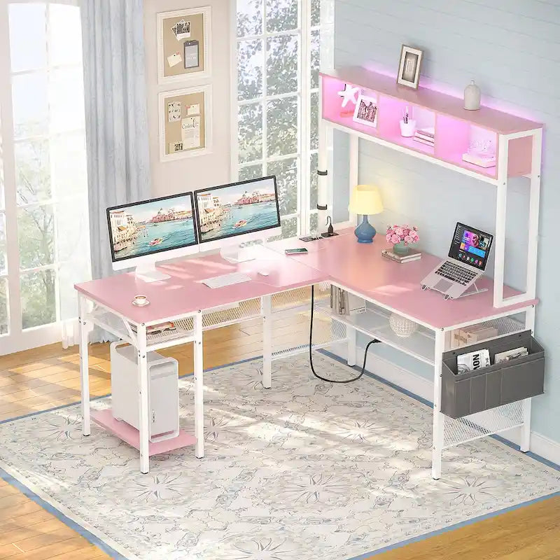 Bureau d'ordinateur d'angle réversible avec étagères de rangement, bande LED et prises électriques, table de jeu
