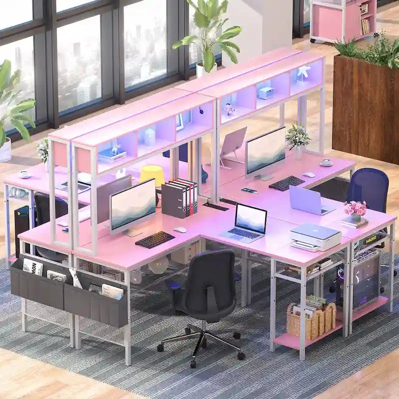 Bureau d'ordinateur d'angle réversible avec étagères de rangement, bande LED et prises électriques, table de jeu