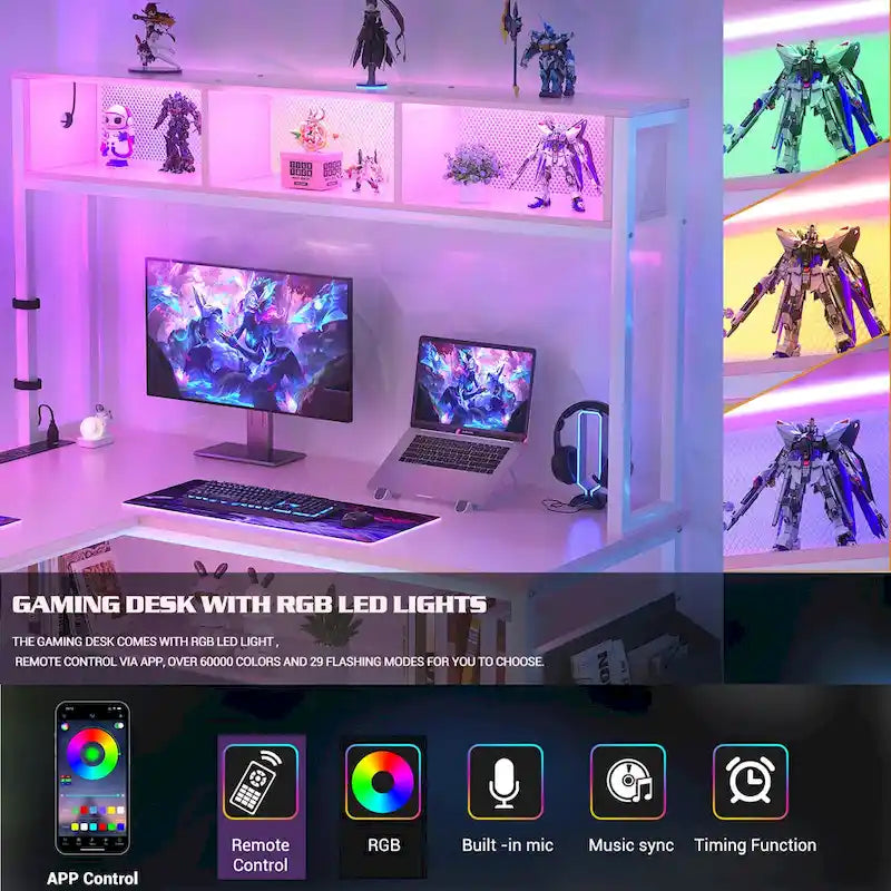 Bureau d'ordinateur d'angle réversible avec étagères de rangement, bande LED et prises électriques, table de jeu