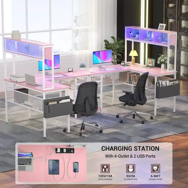 Bureau d'ordinateur d'angle réversible avec étagères de rangement, bande LED et prises électriques, table de jeu