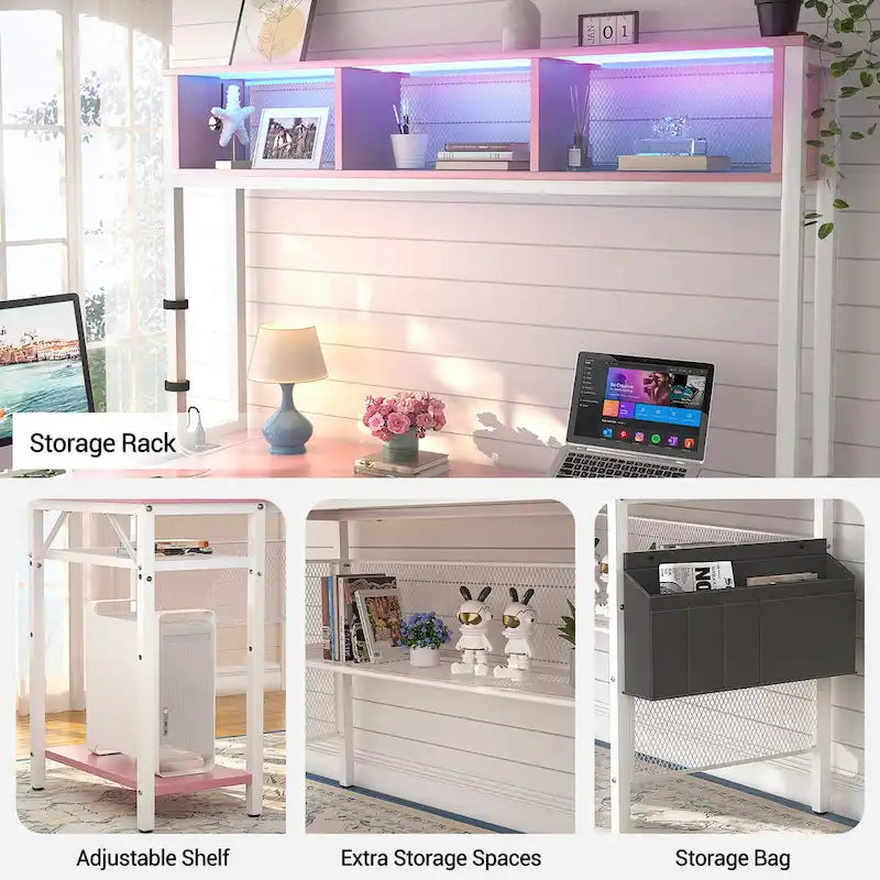 Bureau d'ordinateur d'angle réversible avec étagères de rangement, bande LED et prises électriques, table de jeu