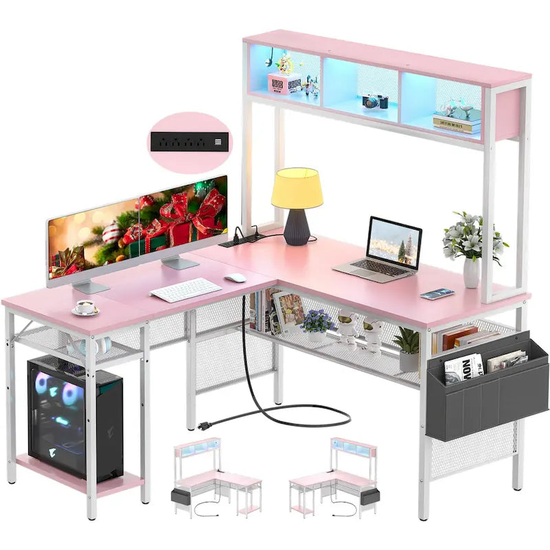 Bureau d'ordinateur d'angle réversible avec étagères de rangement, bande LED et prises électriques, table de jeu