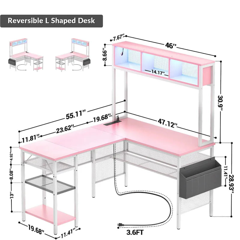 Bureau d'ordinateur d'angle réversible avec étagères de rangement, bande LED et prises électriques, table de jeu
