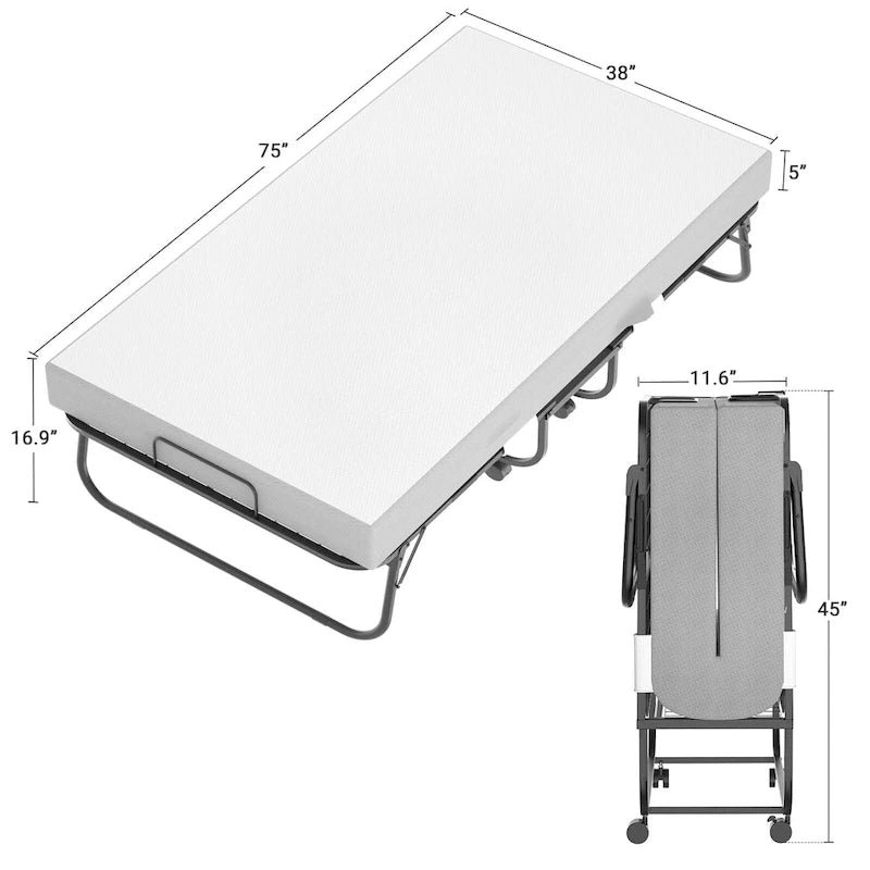 Lit pliant avec matelas en mousse à mémoire de forme de 12,7 cm, lit d'appoint pliable avec roulettes