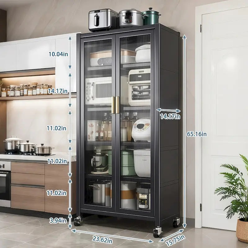 Meuble de rangement pour garde-manger de cuisine, meuble de rangement en métal à 6 niveaux avec porte transparente, étagères réglables et roulettes